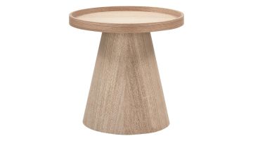 WOOOD Maud bijzettafel 38 cm hoog met rond blad en conische poot in naturel MDF op witte achtergrond