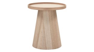 WOOOD Maud bijzettafel in naturel met rond blad en conische poot op witte achtergrond