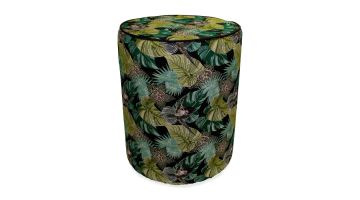 Poef met groene bladerenprint en zwarte bies