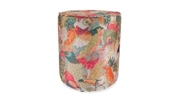Ronde poef met kleurrijke vogelprint in oranje en groentinten