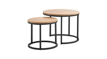 Set van twee ronde bijzettafels Budrio met licht melamine blad en zwart metalen onderstel