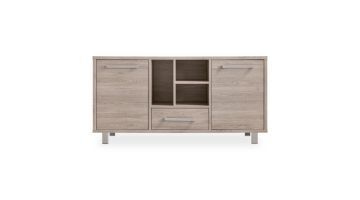Modern dressoir Gradoly in grey oak met twee deuren, open vakken en lade op metalen poten