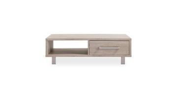 Salontafel Gradoly in grey oak met open vak en lade op lichtgrijze metalen poten