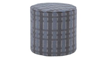 WOOOD poef Sarli hoog met grijs-blauw ruitdessin in chenille stof op witte achtergrond