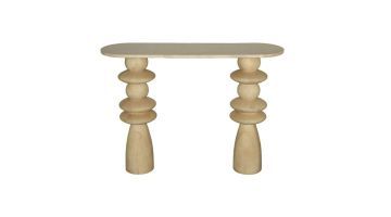 PTMD sidetable Callain met langwerpig houten blad en twee sculpturale poten met ronde vormen