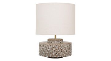 Urban Nature Culture tafellamp Ivy met keramische voet in bruin en off-white glazuur en een cilindervormige off-white katoenen lampenkap
