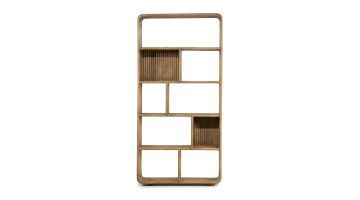 Open kast van gecoat mangohout met ribstructuur en vakken in verschillende formaten