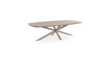 Deens ovale eetkamertafel met Lamulux blad in Grey Oak en metalen sterpoot in Stone Grey op een lichte achtergrond