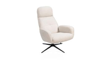 Relaxfauteuil Bobbian in crème stof Sevilla met draaibaar metalen onderstel schuin vooraanzicht