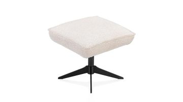 Zijaanzicht van Bobbian poef met zachte stoffering en modern metalen onderstel