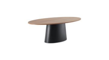 Ovale eettafel Levado met bruin houtlook blad en zwarte metalen kolompoot