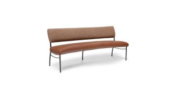 Bree’s New World Arc eetkamerbank met bruine lederen zitting, bruine stoffen rugleuning en zwart metalen frame