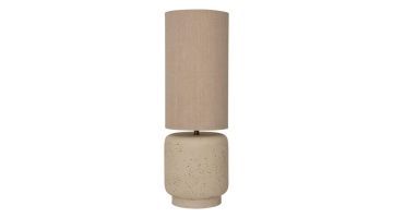 Urban Nature Culture lamp Tloe met hoge linnen kap en gespikkelde keramieken voet op witte achtergrond