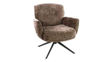 Champagnekleurige draaifauteuil Forza met chenille stof en zwarte metalen draaipoot schuin van voren