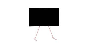 Zwarte televisie op roze Viva tv-standaard met schuine poten en afgeronde voeten