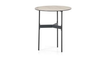 Montèl Triangle bijzettafel met rond travertinlook blad en zwart metalen driepoot onderstel