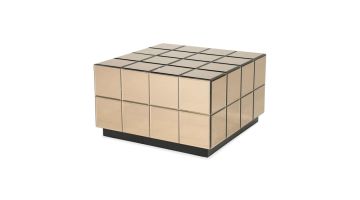 Salontafel Flectron met bruin spiegelglas en kubusvormig design op zwarte plint