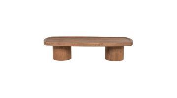 Salontafel Jamari van mangohout met langwerpig blad en twee cilindervormige poten, vooraanzicht.