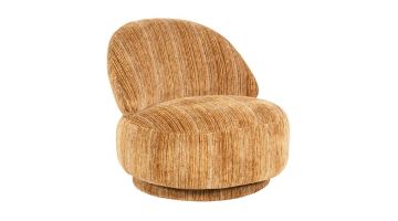 Fauteuil Fineline van By-Boo in mosterdgele Rayas stof met fijne strepen en ronde vormen
