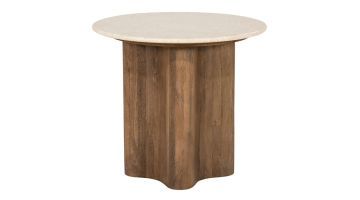 Bijzettafel Bodhi van Eleonora met rond licht natuurstenen blad en golvend houten onderstel