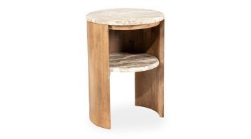 Ronde bijzettafel Marbelon van mango hout met marmeren blad en extra opbergplateau.