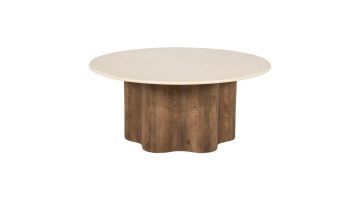 Ronde salontafel Bodhi met licht natuurstenen blad en donker houten onderstel met golvende vorm