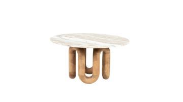 Ronde salontafel Marbelon van mango hout en marmer met sculpturaal houten onderstel.