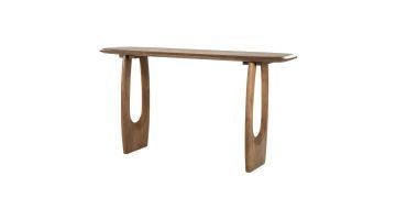 Sidetable Phoebe van mangohout met langwerpig blad en uitgesneden houten poten in schuin aanzicht.
