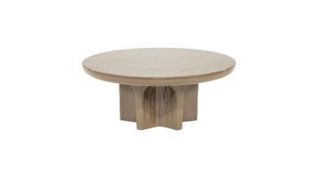 Ronde salontafel Circolo Large in taupe met glanzende betonlook en sculpturaal onderstel van ijzer.