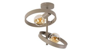Beige plafondlamp Hover met twee ronde metalen ringen en zichtbare lichtbronnen tegen witte achtergrond