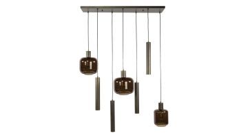 Hanglamp Bronza Mix met bruine glazen kappen en cilindervormige hangers aan een zwarte plafondplaat