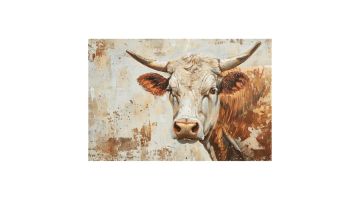 Glasschilderij met frontale koe in aardetinten met grote horens en abstracte achtergrond