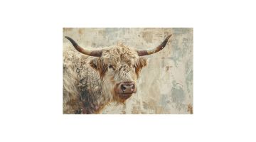 Artistiek glasschilderij van een hooglander met grote horens tegen abstracte achtergrond in aardetinten