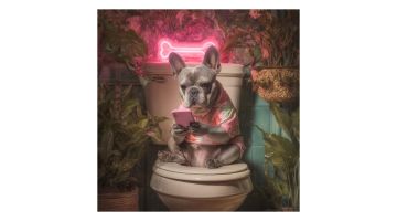 Franse bulldog op toilet met telefoon en roze neonlamp in tropische badkamer setting