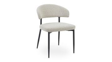 Eetkamerstoel Roseto in de kleur naturel met zachte bouclé stof en zwart metalen poten, vooraanzicht