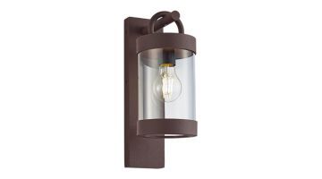 Roestkleurige SAMBESI buitenwandlamp met cilindervormige glazen kap en zichtbaar filamentlicht.
