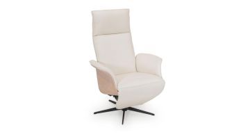 Relaxfauteuil Ronda in licht leer met hoge rug, hoofdsteun en zwart draaionderstel