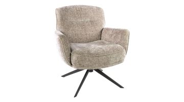 Beige draaifauteuil Forza in chenille stof met zwarte metalen draaipoot schuin van voren