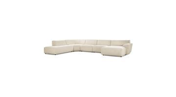 Grote modulaire hoekbank in lichte stof met ronde vormen en chaise longue op witte achtergrond