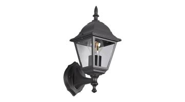 Wandlamp Livenza in mat zwart schuin van voren met klassieke vorm en heldere glazen panelen.