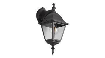 Wandlamp Livenza mat zwart hangend model met heldere glazen panelen, schuin van voren.