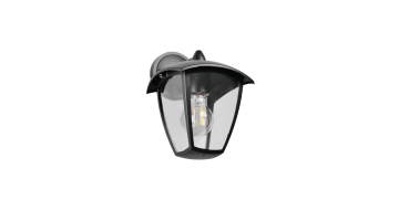 Buitenwandlamp venta matzwart met klassieke vormgeving, heldere glazen panelen en zichtbare lichtbron.