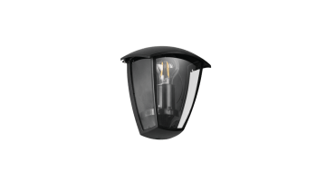 Buitenwandlamp Venta matzwart met transparante glazen panelen in schuin vooraanzicht.