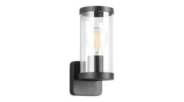 Bonito wandlamp in mat zwart met transparante glazen cilinder, schuin van voren.
