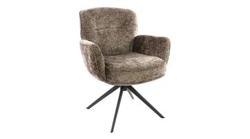 Champagnekleurige chenille armstoel met afgeronde vormen en zwart metalen draaipoot op lichte achtergrond