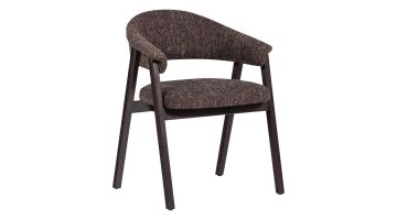 Eetkamerstoel met armleuningen in donker eikenhout en bruine geweven stof op witte achtergrond