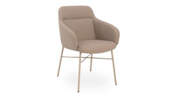 Moderne eetkamerstoel Jack met armleuningen in beige stoffering en slank metalen onderstel