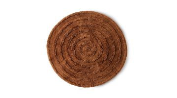 Rond wollen vloerkleed in mahoniebruin met speels cirkelpatroon en hoogpolige rand, Ø150 cm