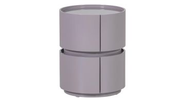 Rond nachtkastje in lichtgrijs hoogglans met twee gestapelde cilindervormen