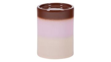 Ronde keramieken bijzettafel met kleurverloop van crème naar roze en donkerbruine rand